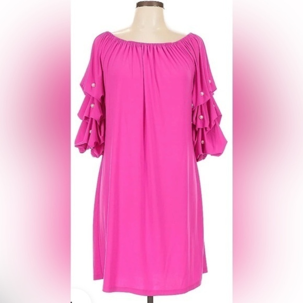 Brand NWT 🩷 Ivy Road Fuchsia Pink Dress Ruffle Pearl Beaded Sleeves 💖 Medium 💖